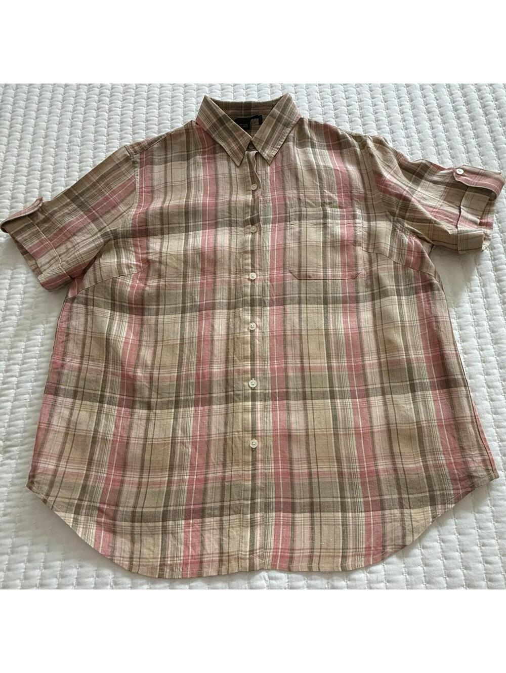 Lauren Ralph Lauren Button Up Collared Short Sleeve Shirt Plaid Sz 1X 100% Linen